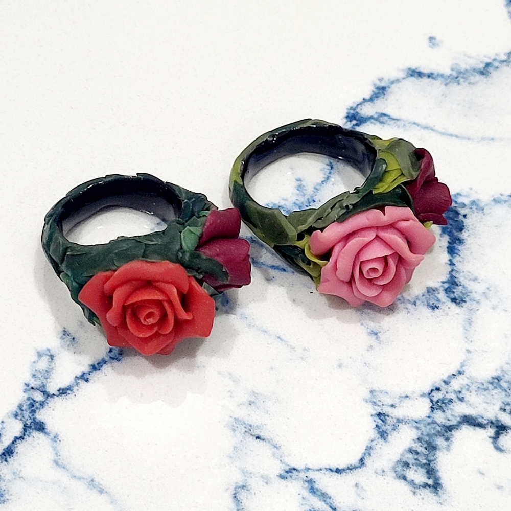 Floral Resin Rings with Red and Pink Roses